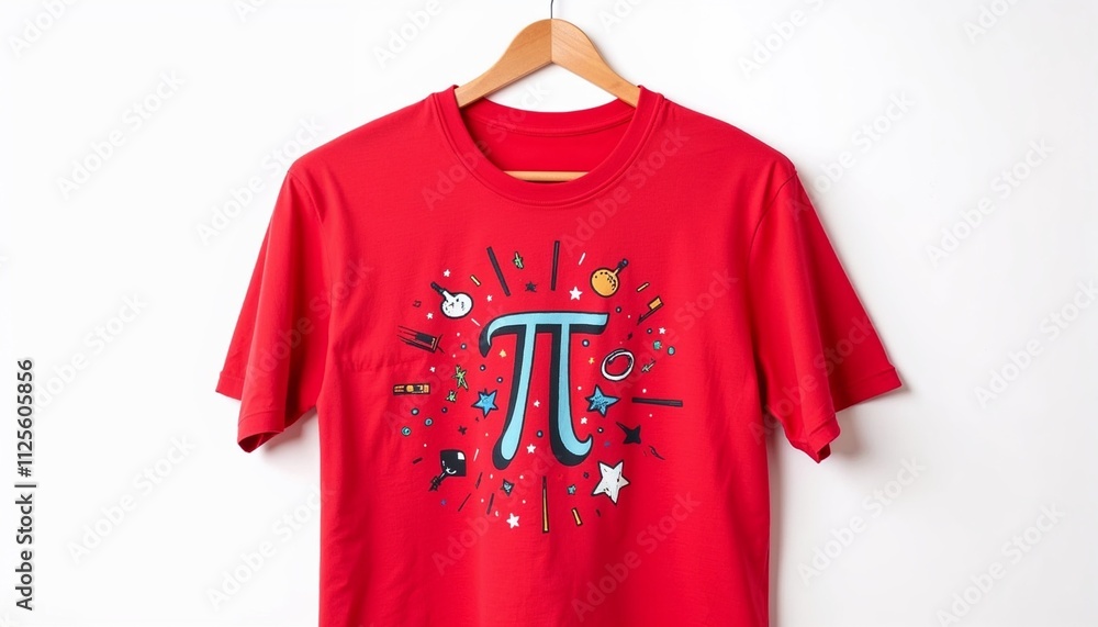 Red t-shirt with a bold Pi symbol surrounded by playful doodles and math-themed elements, displayed on a white background Red t-shirt with a bold Pi symbol surrounded by playful doodles and math-themed elements, displayed on a white background