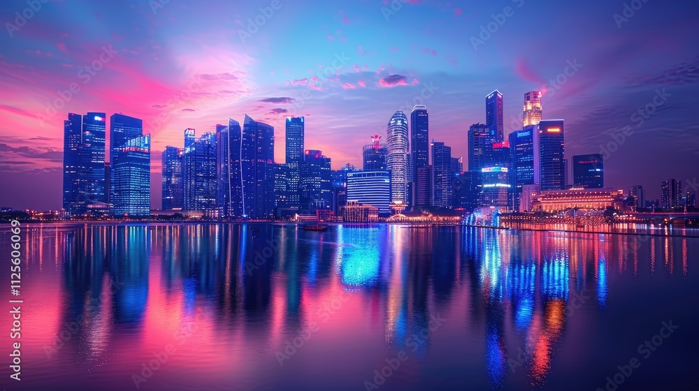 Fototapeta premium Vibrant cityscape skyline reflecting on calm water at sunset.