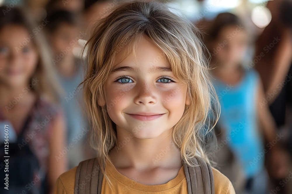 A smiling child with wavy hair and bright blue eyes in a lively setting. A smiling child with wavy hair and bright blue eyes in a lively setting.