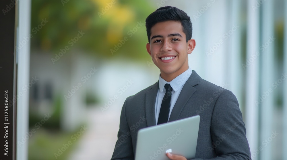Young Businessman Holding Laptop Smiling Confidently Outdoors Young Businessman Holding Laptop Smiling Confidently Outdoors