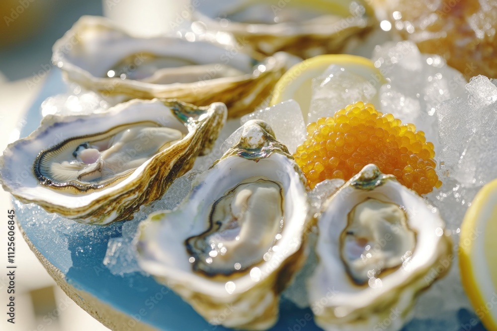 Freshly shucked oysters served on a platter with caviar and lemon, perfect for a luxurious dinner or special occasion Freshly shucked oysters served on a platter with caviar and lemon, perfect for a luxurious dinner or special occasion