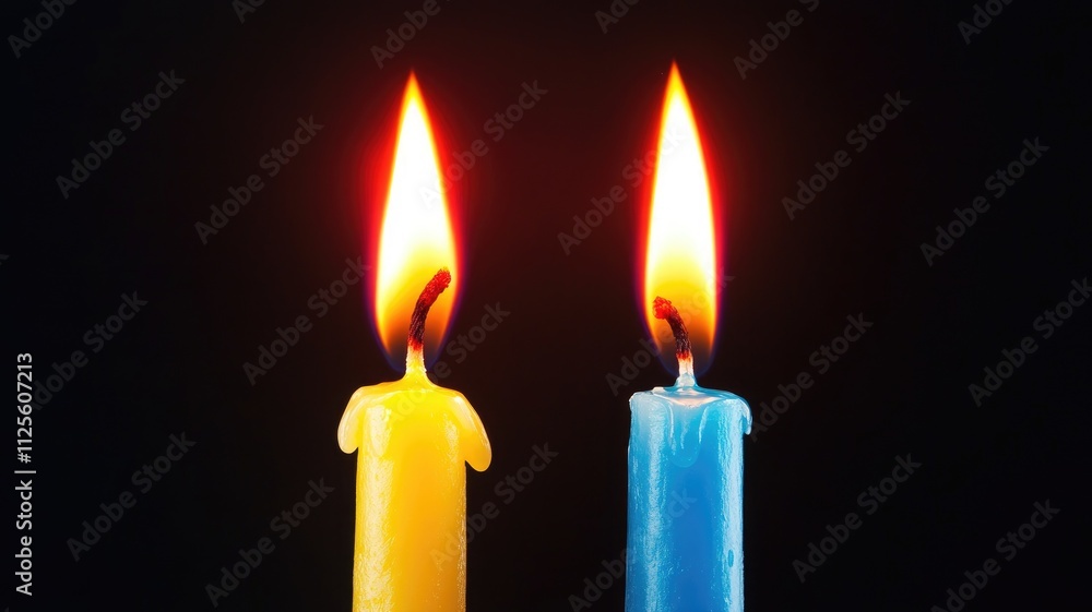 Two colorful candles with flames burn in dark Two colorful candles with flames burn in dark