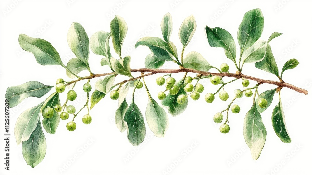 Fototapeta premium Watercolor painting of a natural branch with green berries, ideal for illustrations and designs