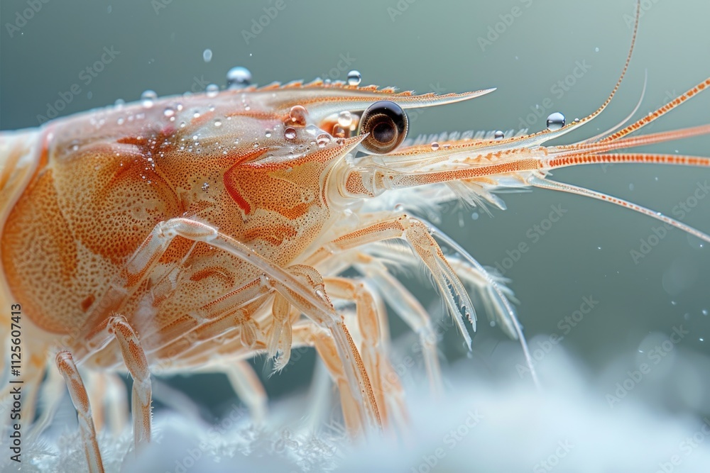A close-up shot of a shrimp with water droplets on its head, great for use in nature or underwater-themed illustrations A close-up shot of a shrimp with water droplets on its head, great for use in nature or underwater-themed illustrations