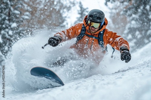 A person snowboarding down a snowy hill, great for winter sports or outdoor activities