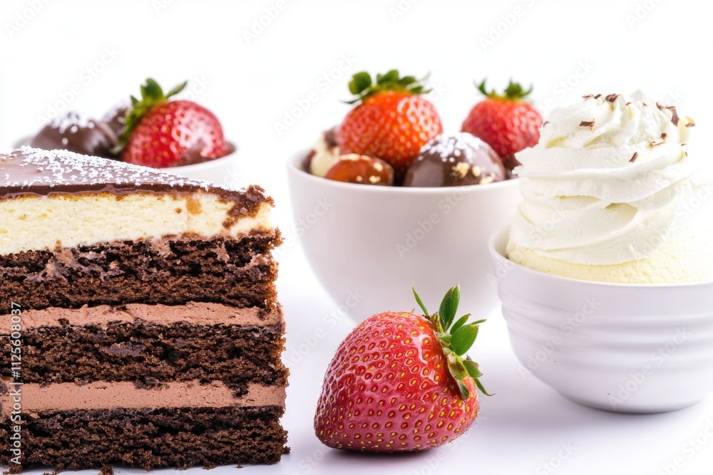 A slice of cake with fresh strawberries and whipped cream A slice of cake with fresh strawberries and whipped cream