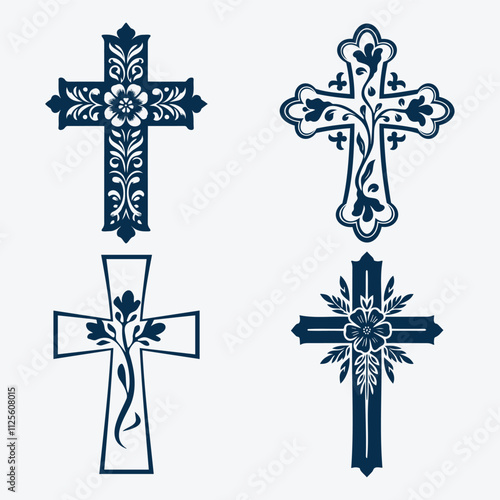 Cross Icon Set in Silhouette Style With Floral, Religious, and Decorative Symbols Collection