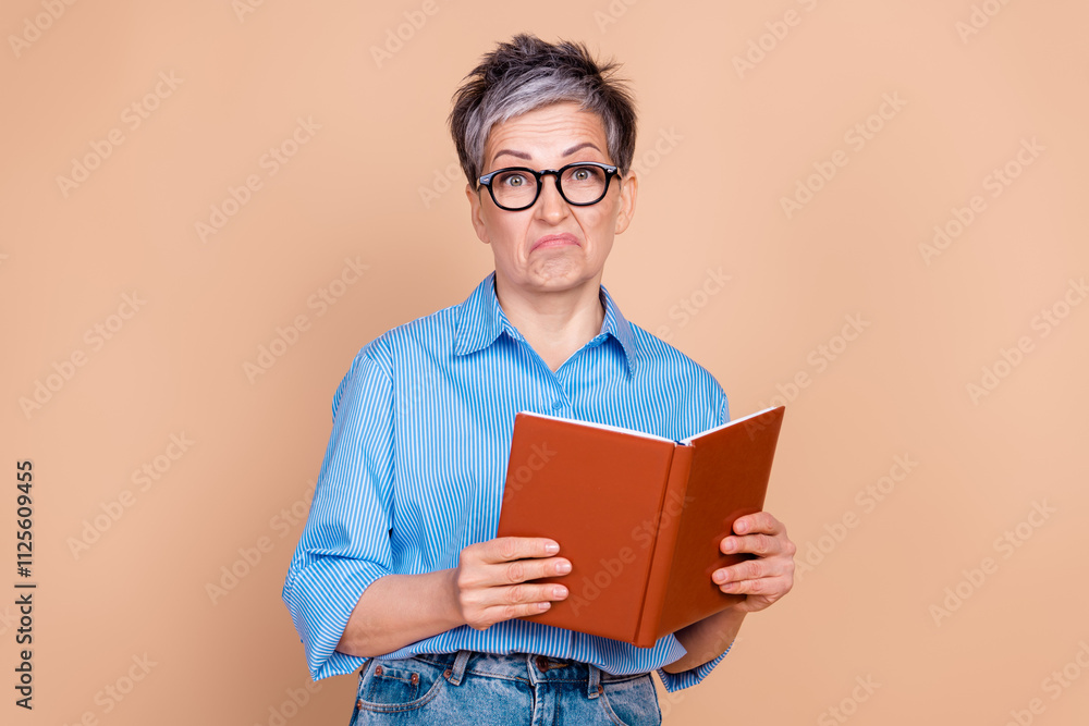 Elderly woman with a quirky expression holding a book against a beige background, wearing a stylish striped shirt Elderly woman with a quirky expression holding a book against a beige background, wearing a stylish striped shirt