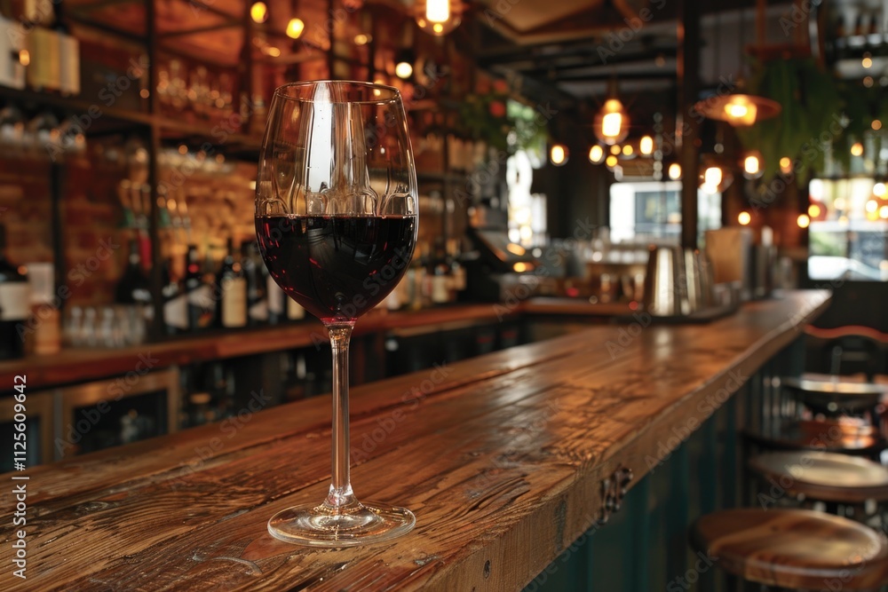 A glass of wine sits atop a wooden bar, perfect for a cozy evening or rustic event A glass of wine sits atop a wooden bar, perfect for a cozy evening or rustic event