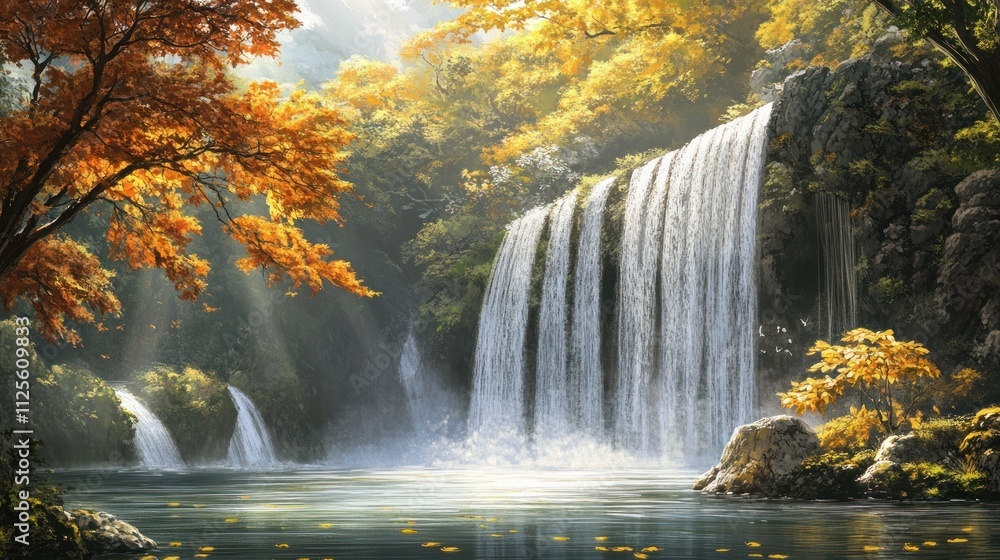 Obraz premium Serene Autumn Waterfall in a Lush Forest