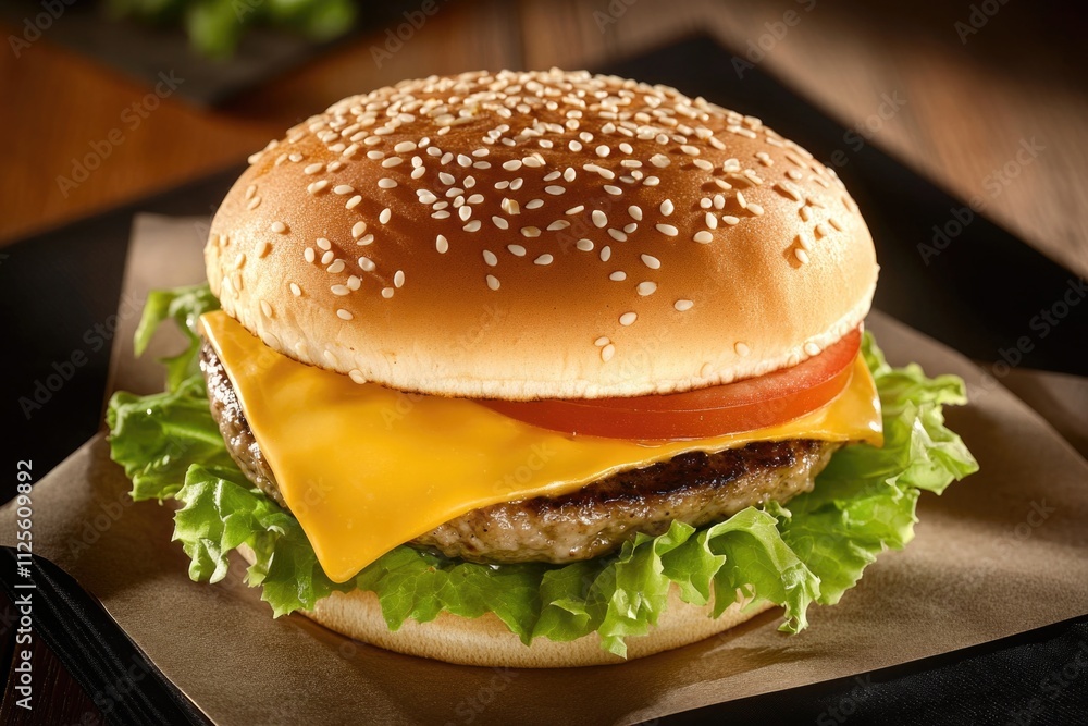 A close-up shot of a classic cheeseburger with fresh lettuce, juicy tomato, and melted cheese A close-up shot of a classic cheeseburger with fresh lettuce, juicy tomato, and melted cheese