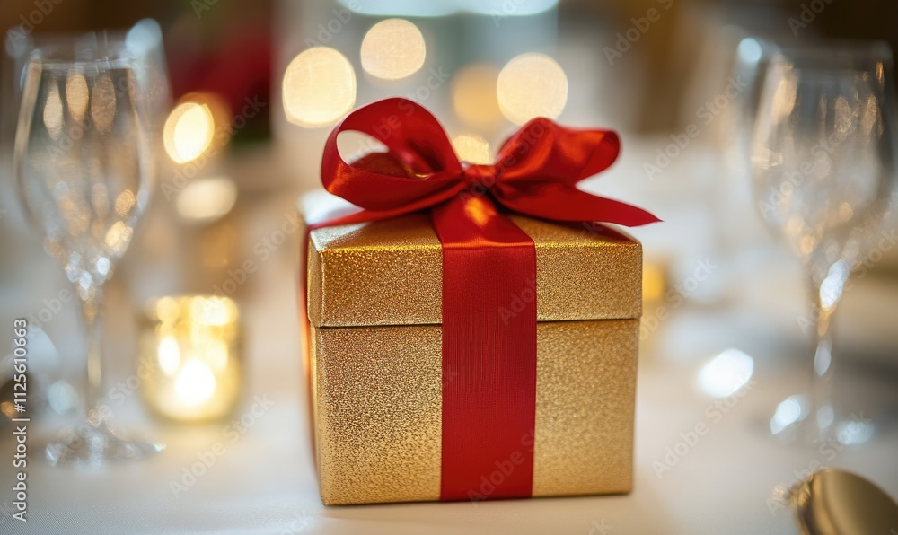 A gold box with a red ribbon on top of it A gold box with a red ribbon on top of it