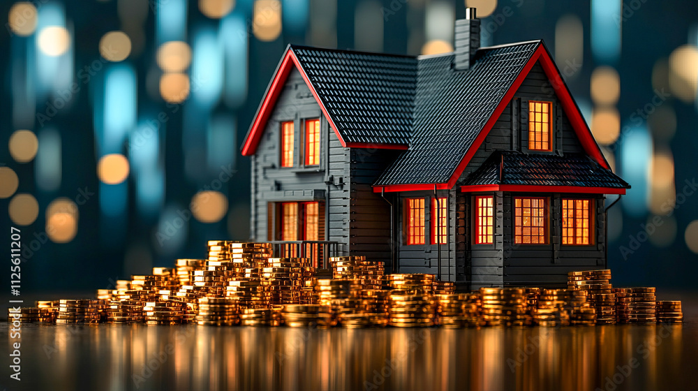 Stacked coins surrounding miniature house against blurred lights background Stacked coins surrounding miniature house against blurred lights background