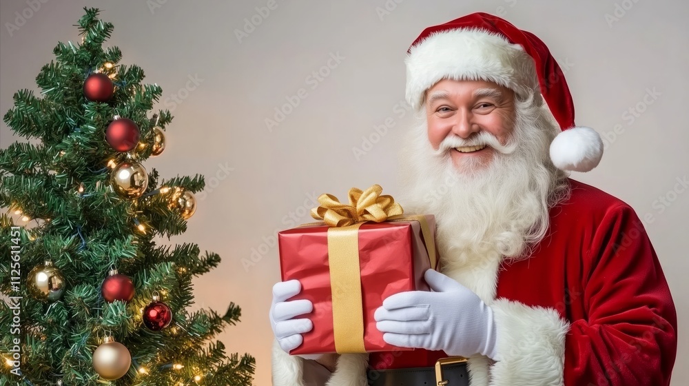 Santa is holding a red box