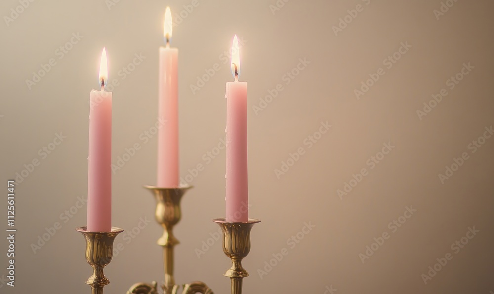 Three pink candles are lit and sitting on a gold candlestick Three pink candles are lit and sitting on a gold candlestick