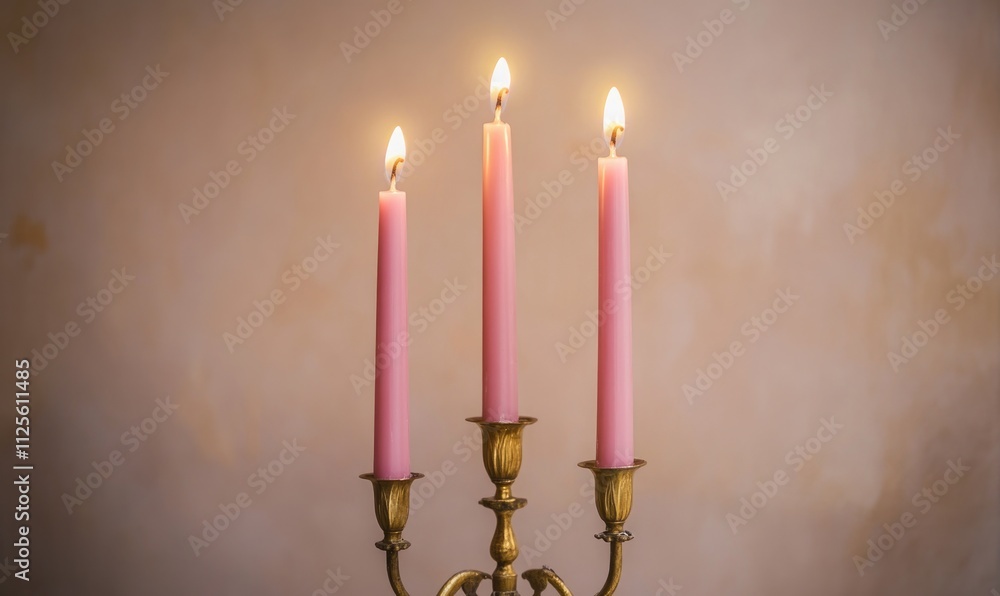 Three pink candles are lit and sitting on a gold candlestick Three pink candles are lit and sitting on a gold candlestick