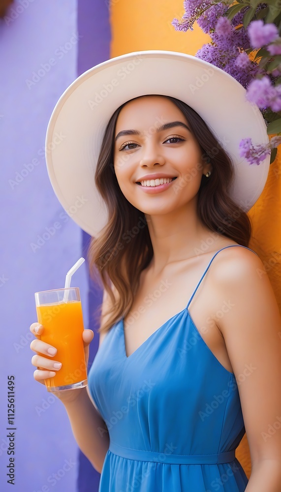 A woman enjoying a refreshing orange drink against a colorful background. A woman enjoying a refreshing orange drink against a colorful background.