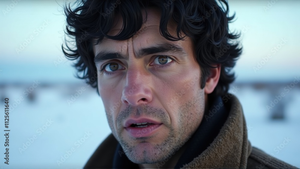A young man with tousled dark hair and intense eyes stands in a snowy landscape under a bright blue sky. Generative, AI, A young man with tousled dark hair and intense eyes stands in a snowy landscape under a bright blue sky. Generative, AI,