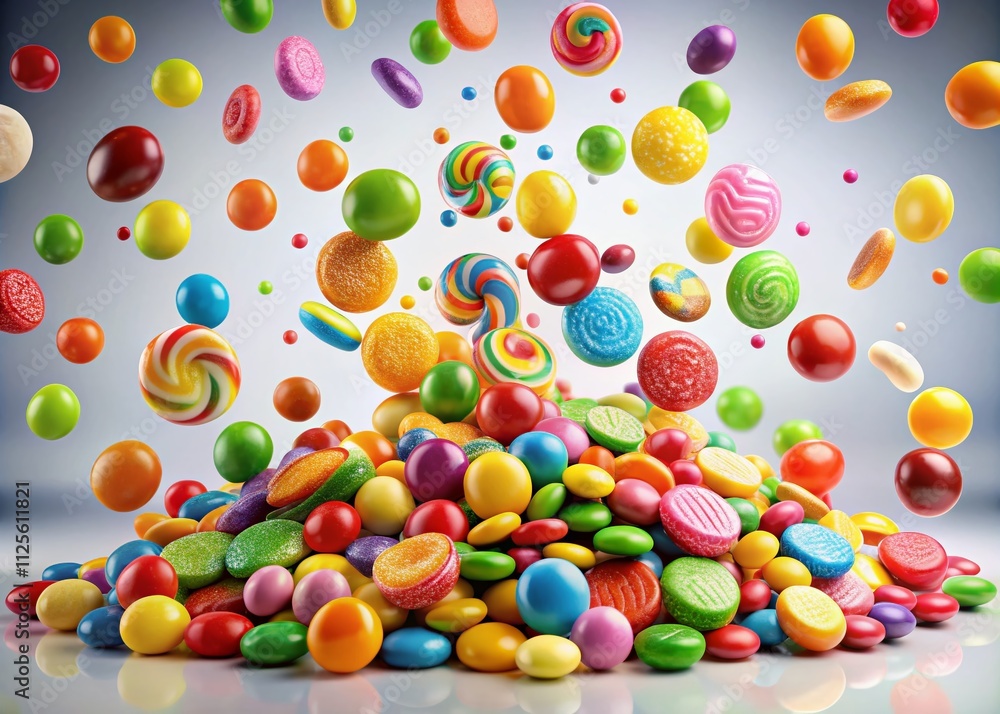 Fototapeta premium Colorful Rainbow Candy Falling Isolated on White Background - Vibrant Sweets, Dessert, Treats, Sugar, Confectionery, Candy Drops, Sweetness, Party Candy, Colorful Delights, Joyful Sweets, Isolated Can