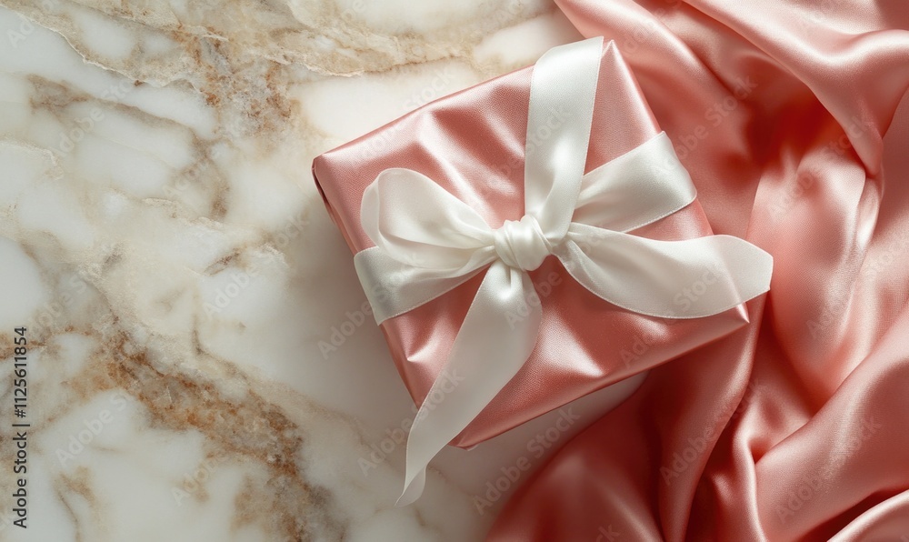 A pink box with a white bow on top of a marble counter A pink box with a white bow on top of a marble counter