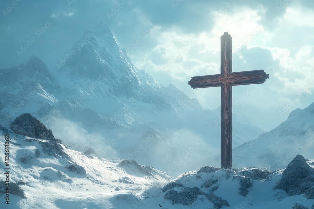 Large wooden cross standing in a snowy mountain landscape with rolling hills under a bright blue sky Large wooden cross standing in a snowy mountain landscape with rolling hills under a bright blue sky