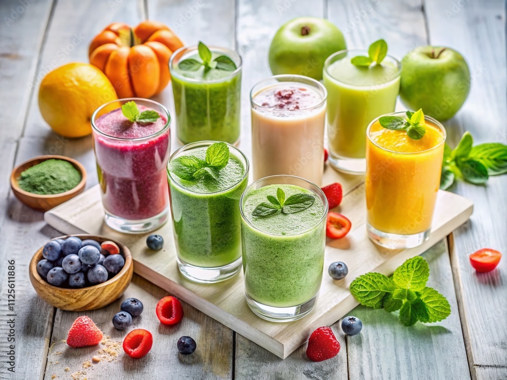 Colorful smoothies brimming with pea protein and fresh fruits sit on a pristine white table, capturing the essence of a food blogger's culinary delight in documentary style. Colorful smoothies brimming with pea protein and fresh fruits sit on a pristine white table, capturing the essence of a food blogger's culinary delight in documentary style.