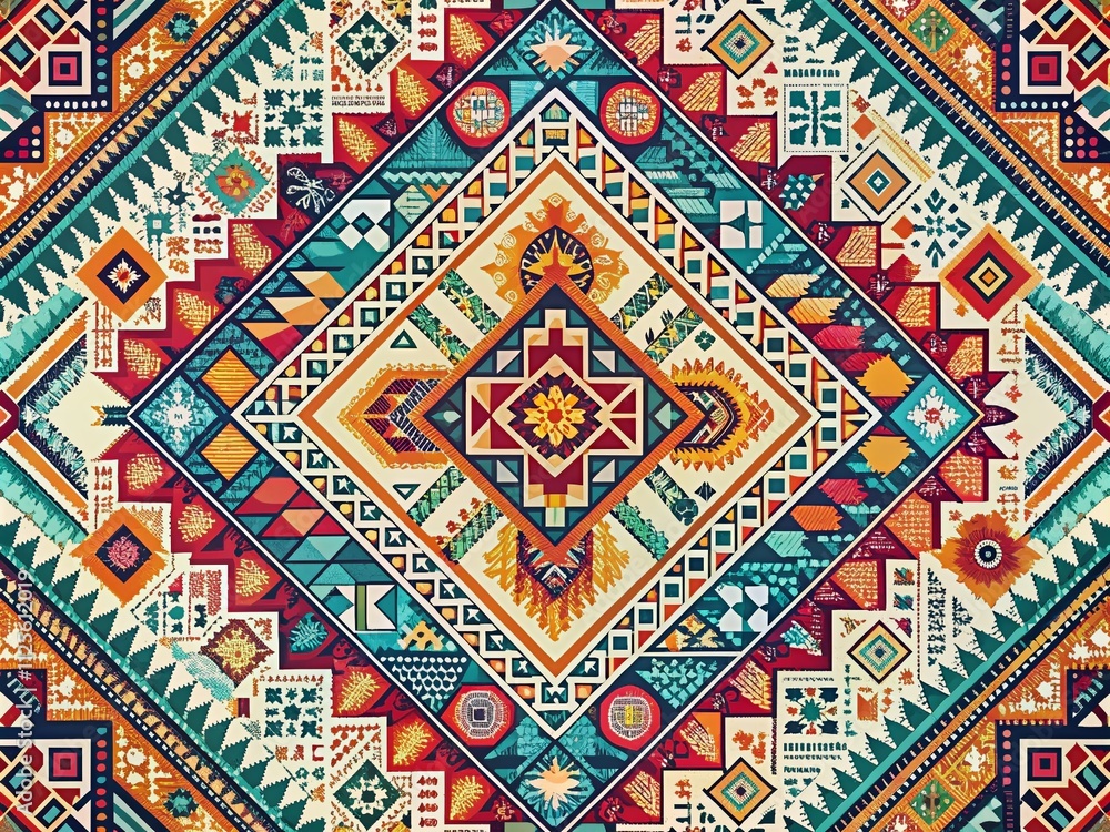 Colorful tribal design featuring symmetrical geometric shapes on a crisp white background, creating a striking visual appeal that captures the essence of cultural artistry. Colorful tribal design featuring symmetrical geometric shapes on a crisp white background, creating a striking visual appeal that captures the essence of cultural artistry.