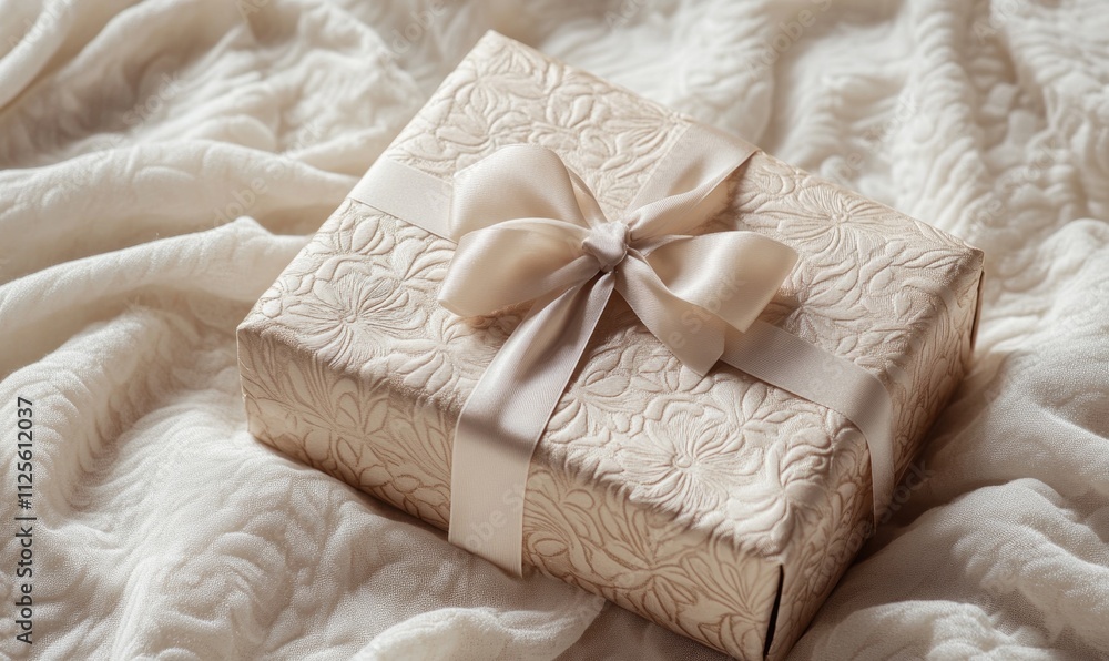 A gift box with a bow on top of a white blanket A gift box with a bow on top of a white blanket