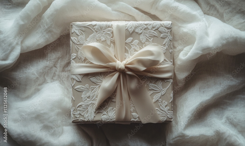 A white box with a bow on top of a white cloth A white box with a bow on top of a white cloth