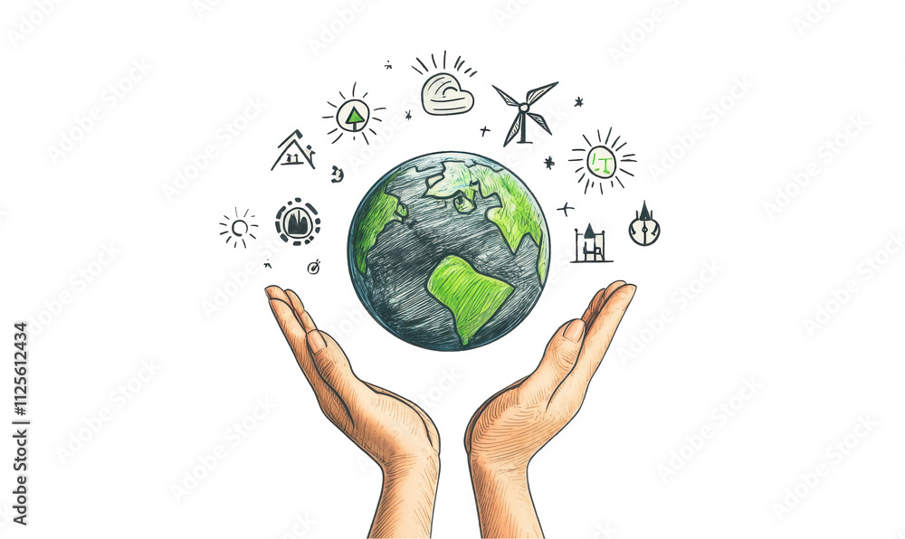 Hands holding a green globe surrounded by leaves and plants in an eco-friendly design Hands holding a green globe surrounded by leaves and plants in an eco-friendly design