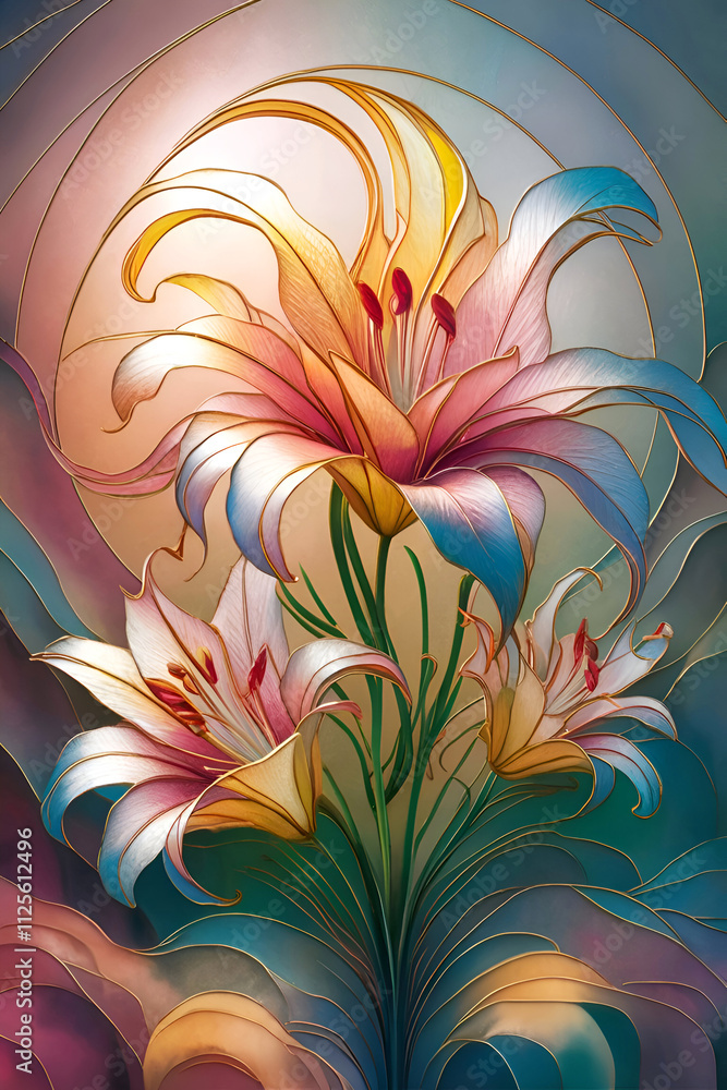 beautiful art picture with colorful lily flowers in mosaic style. Digital artwork. Ai generated