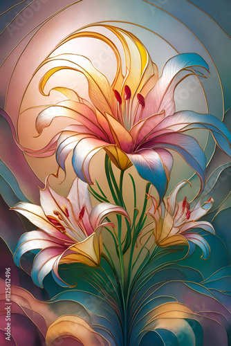 Obraz na płótnie beautiful art picture with colorful lily flowers in mosaic style. Digital artwork. Ai generated w salonie