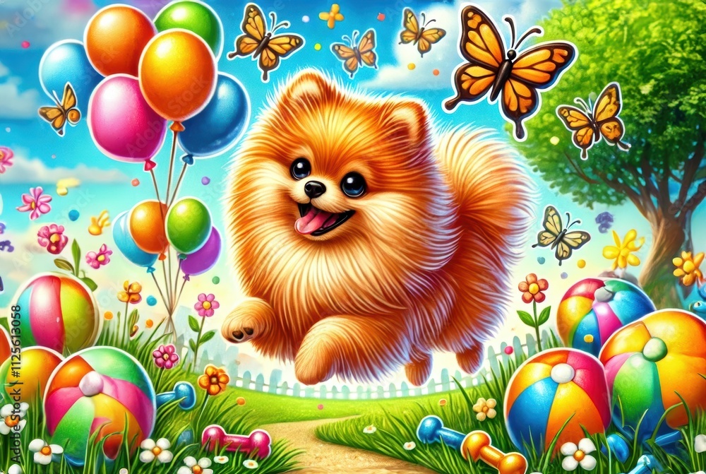 Naklejka premium Cartoon pomeranian dog playing cheerfully in the garden