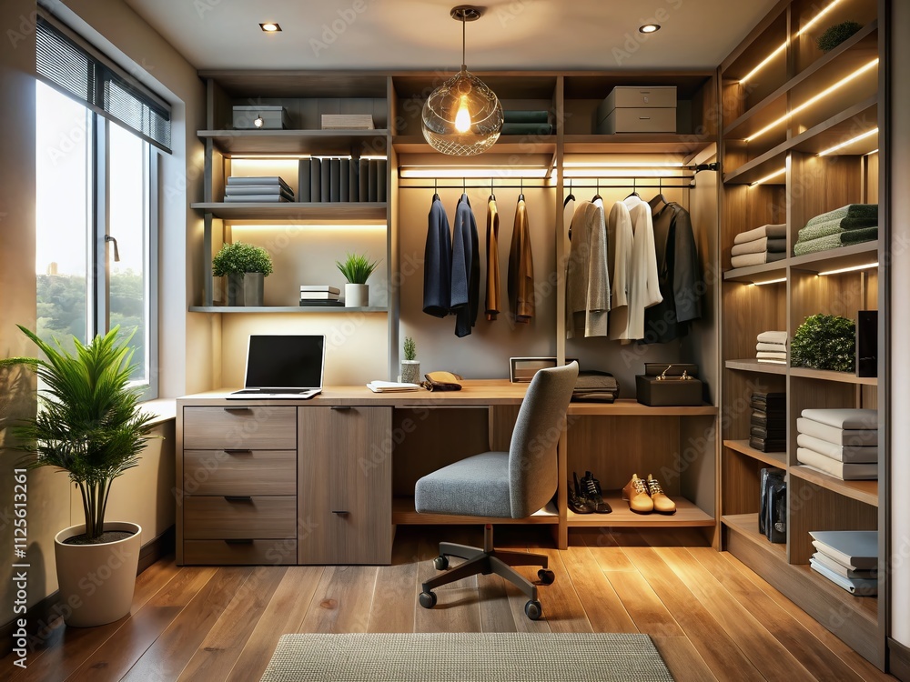 Create a cozy, stylish workspace nook with an organized closet and office supplies, maximizing functionality in a compact area for efficient living. Create a cozy, stylish workspace nook with an organized closet and office supplies, maximizing functionality in a compact area for efficient living.