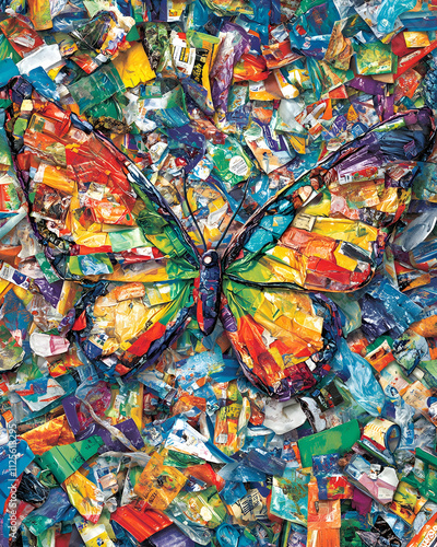 Vibrant butterfly artwork crafted from recycled plastic waste, highlighting environmental themes and artistic reuse. photo