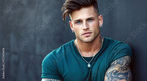 Un homme jeune et séduisant aux yeux bleus, cheveux bruns, coiffure dégradée moderne, bras musclés avec des tatouages et des boucles d'oreilles en argent. photo