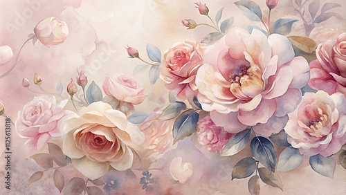 Pastel watercolor roses with leaves in romantic composition background