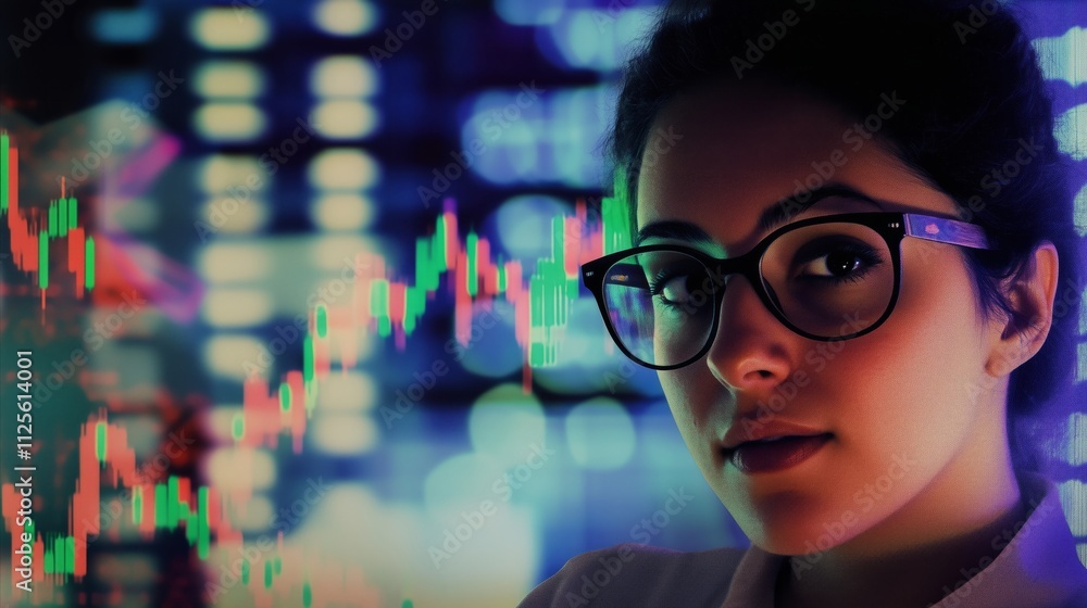 Woman wearing glasses is looking at a graph Woman wearing glasses is looking at a graph