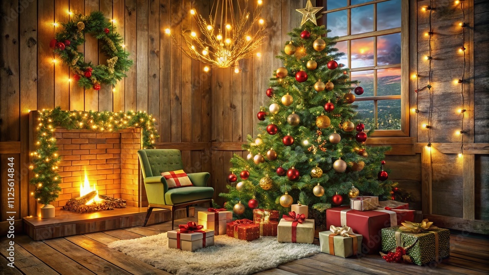 Delightful Christmas gift boxes nestled by a festive fir tree, creating a cozy room ambiance perfect for celebrating the holiday spirit and spreading cheer. Delightful Christmas gift boxes nestled by a festive fir tree, creating a cozy room ambiance perfect for celebrating the holiday spirit and spreading cheer.