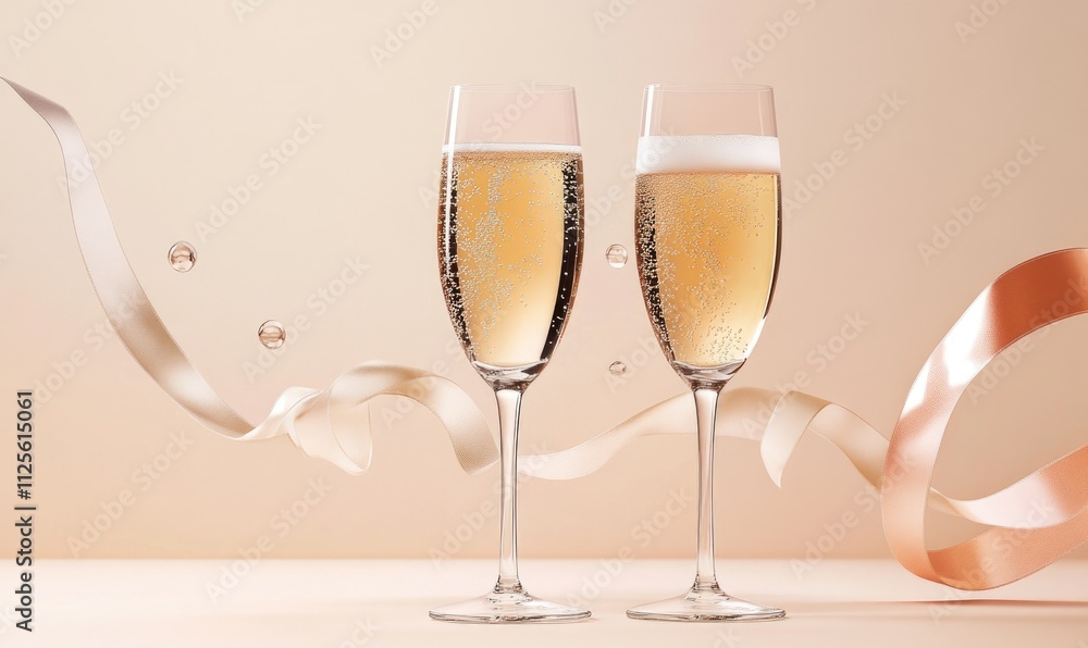 Two champagne glasses are on a table with a ribbon Two champagne glasses are on a table with a ribbon