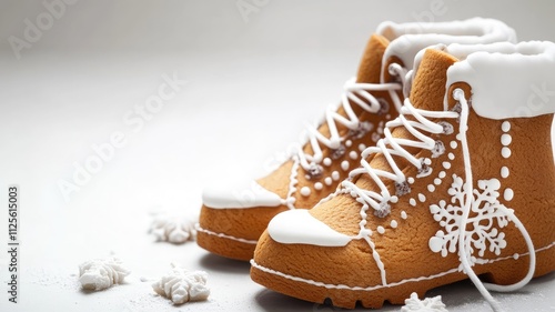 Edible gingerbread hiking boots with white icing decoration