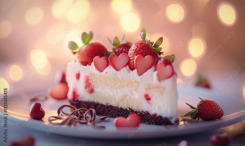 A slice of cake with strawberries and chocolate chips on top A slice of cake with strawberries and chocolate chips on top