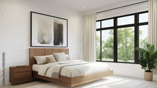 Minimalist bedroom with wooden bed and large windows 