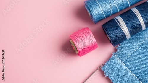 Spools of pink and blue thread on surface with denim sewing needles photo