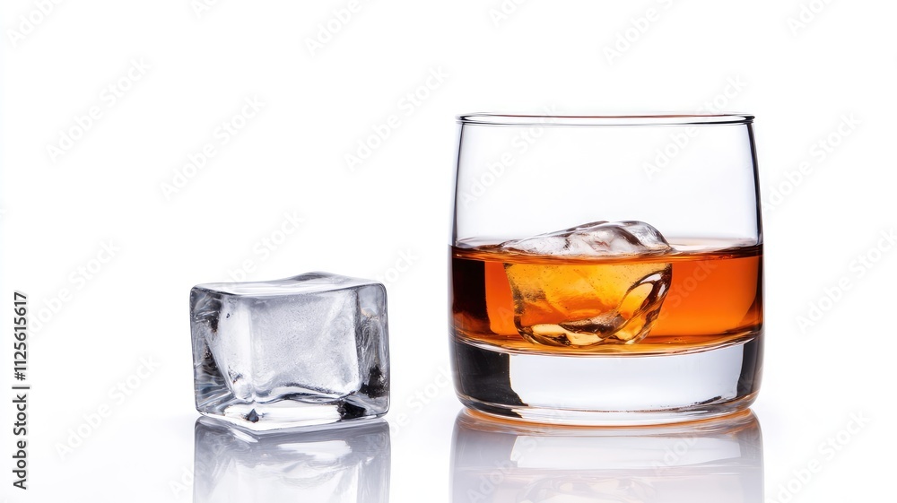 Glass of amber liquid with ice cubes next to it Glass of amber liquid with ice cubes next to it