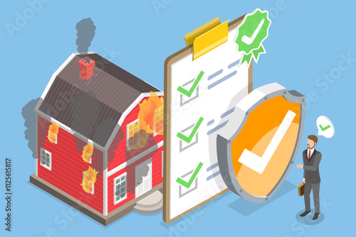 3D Isometric Flat Vector Illustration of Fire Property Insurance, Damage Coverage, Accident Policy
