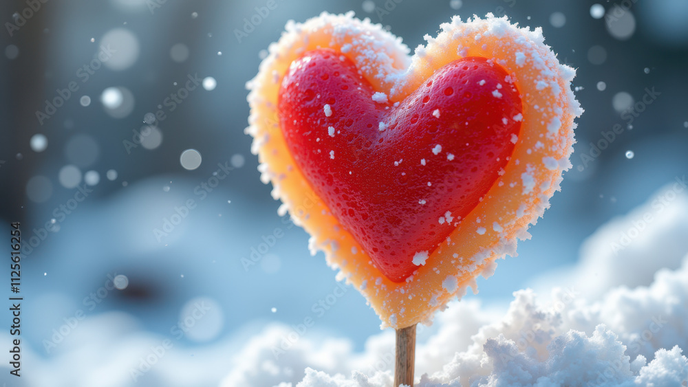Obraz premium Heart-shaped lollipop in snow.