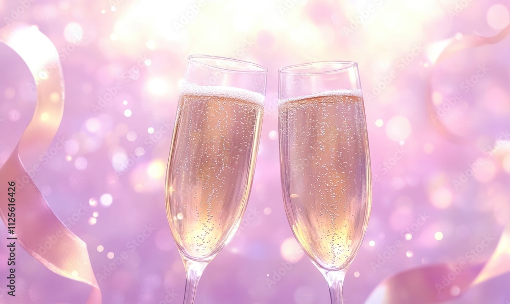 Two champagne glasses are filled with champagne and are sitting on a table Two champagne glasses are filled with champagne and are sitting on a table
