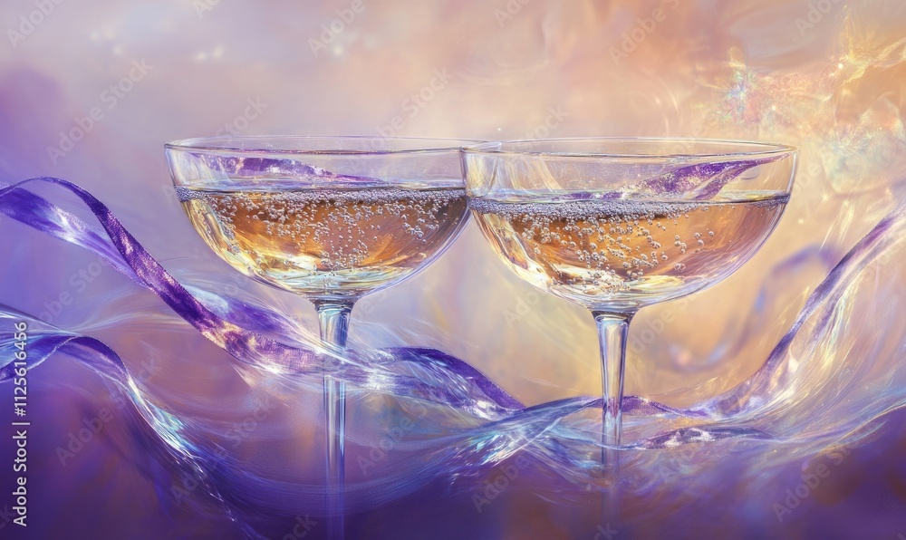 Two champagne glasses with purple ribbons in the background