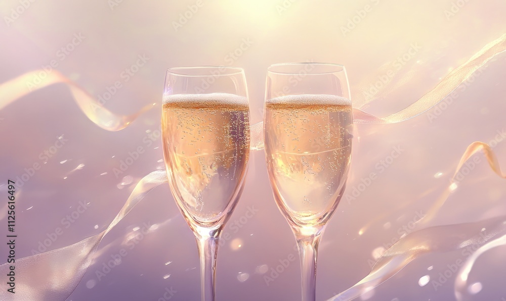 Two champagne glasses with a ribbon in the background Two champagne glasses with a ribbon in the background